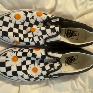 Vans Kids Black and White Checkered Sneakers with Floral Accents